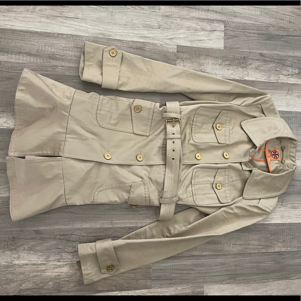 Tory Burch women’s tan peacoat trench coat Rare 8